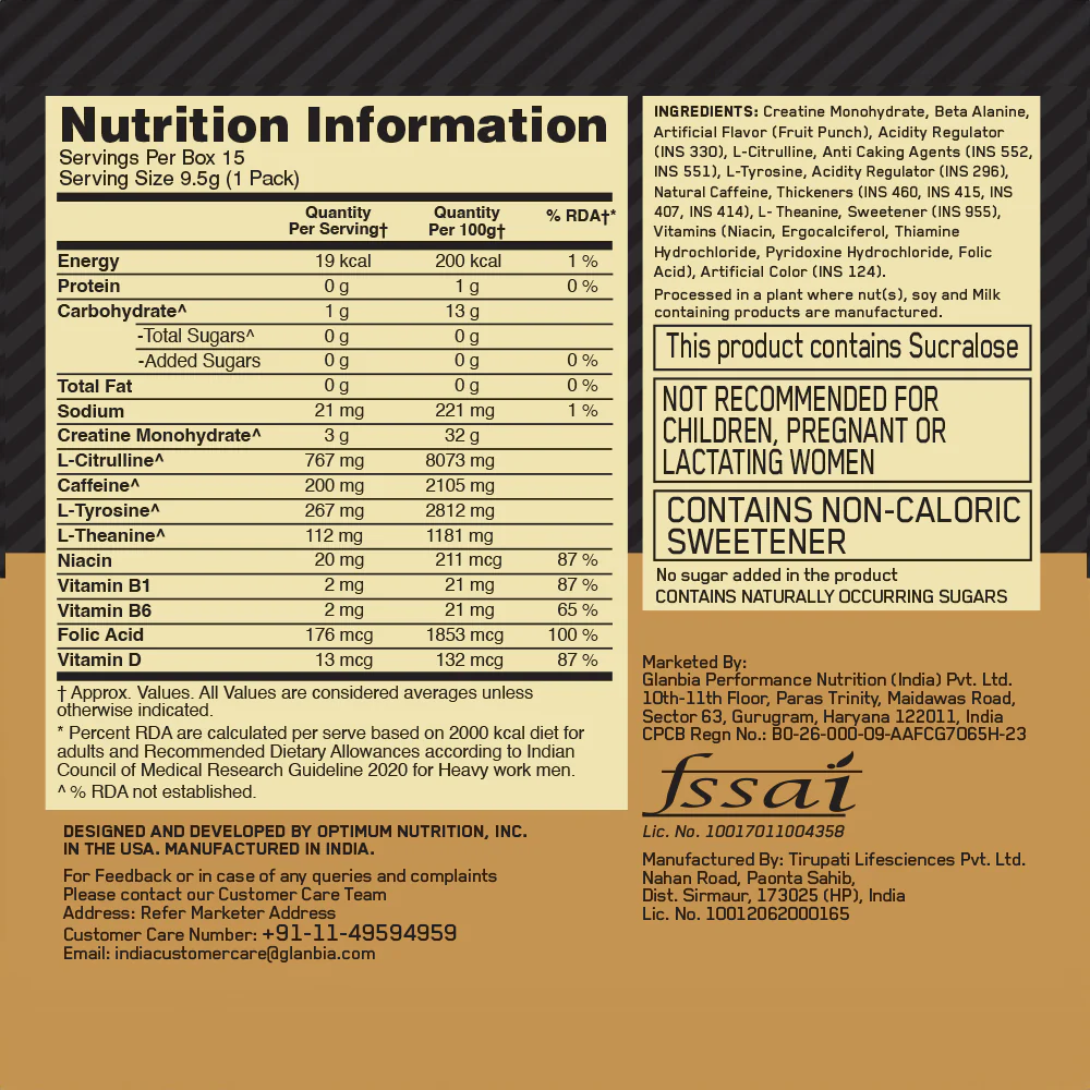 Optimum Nutrition (ON) Gold Standard Pre-Workout- 142.5g/15 single serve packs (Fruit Punch Flavor), For Energy, Focus, Power, Endurance & Performance and Optimum Nutrition Gold Standard Pre-Workout- 142.5g/15 single serve packs (Green Apple Flavor) - Image 10