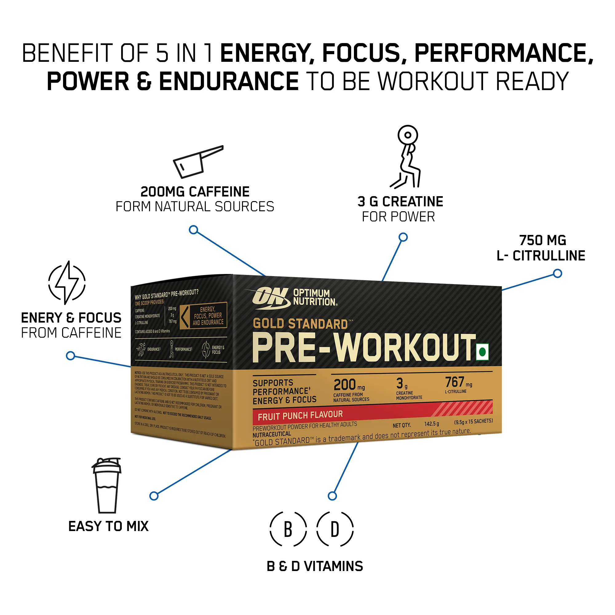 Optimum Nutrition (ON) Gold Standard Pre-Workout- 142.5g/15 single serve packs (Fruit Punch Flavor), For Energy, Focus, Power, Endurance & Performance and Optimum Nutrition Gold Standard Pre-Workout- 142.5g/15 single serve packs (Green Apple Flavor) - Image 3