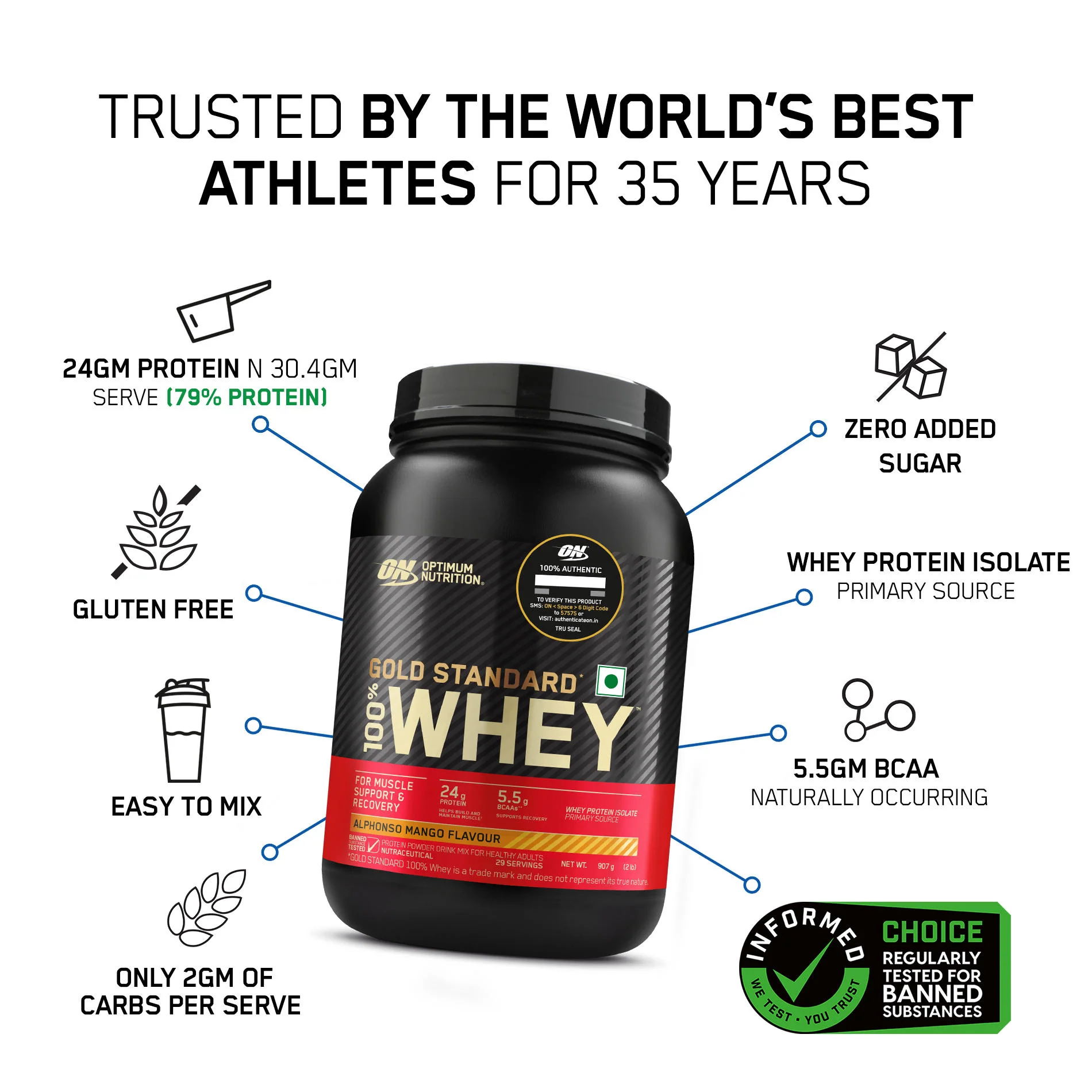 Limited Edition Optimum Nutrition (ON) Gold Standard 100% Whey Protein Powder 2 lb, 907g (Alphonso Mango) - Image 3