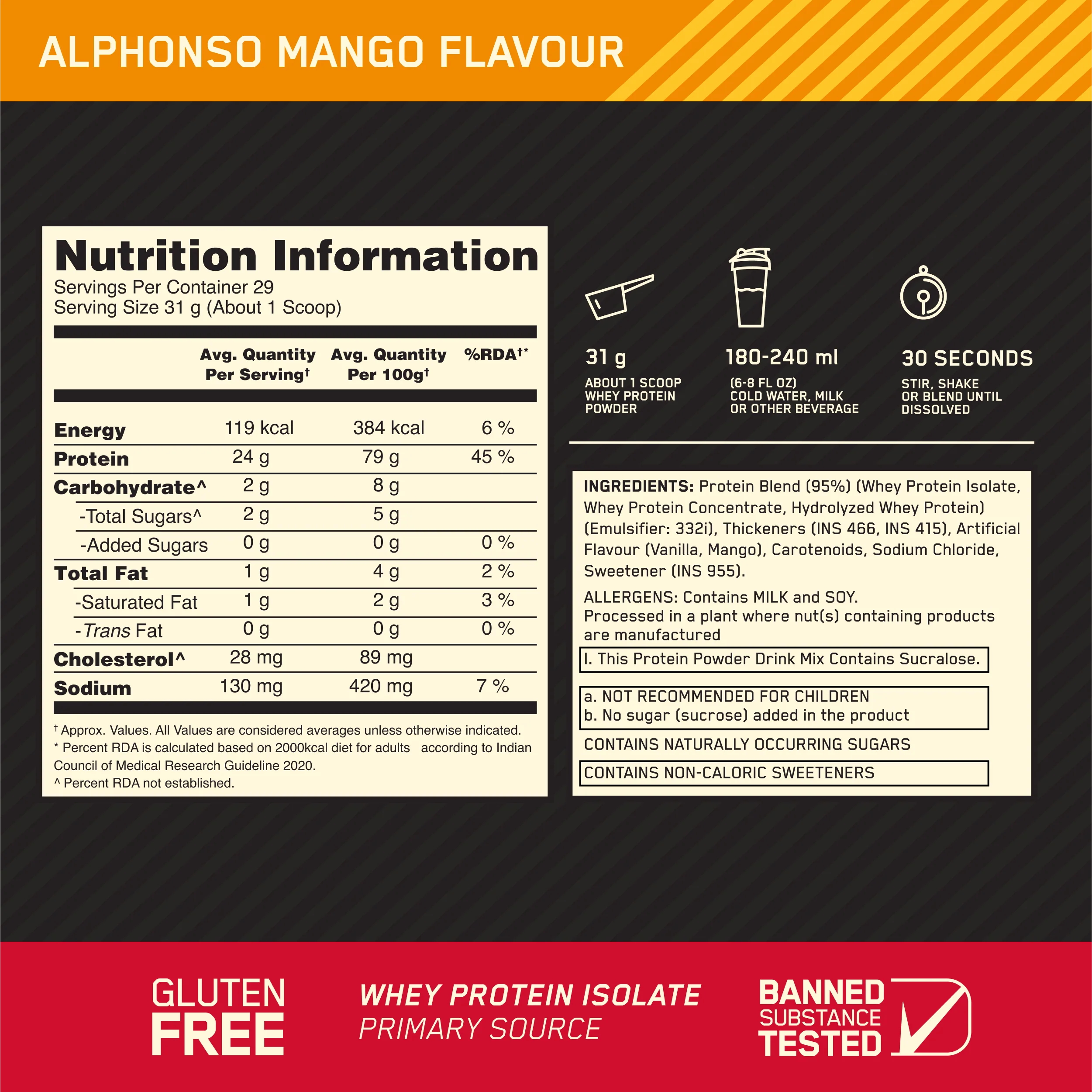 Limited Edition Optimum Nutrition (ON) Gold Standard 100% Whey Protein Powder 2 lb, 907g (Alphonso Mango) - Image 9