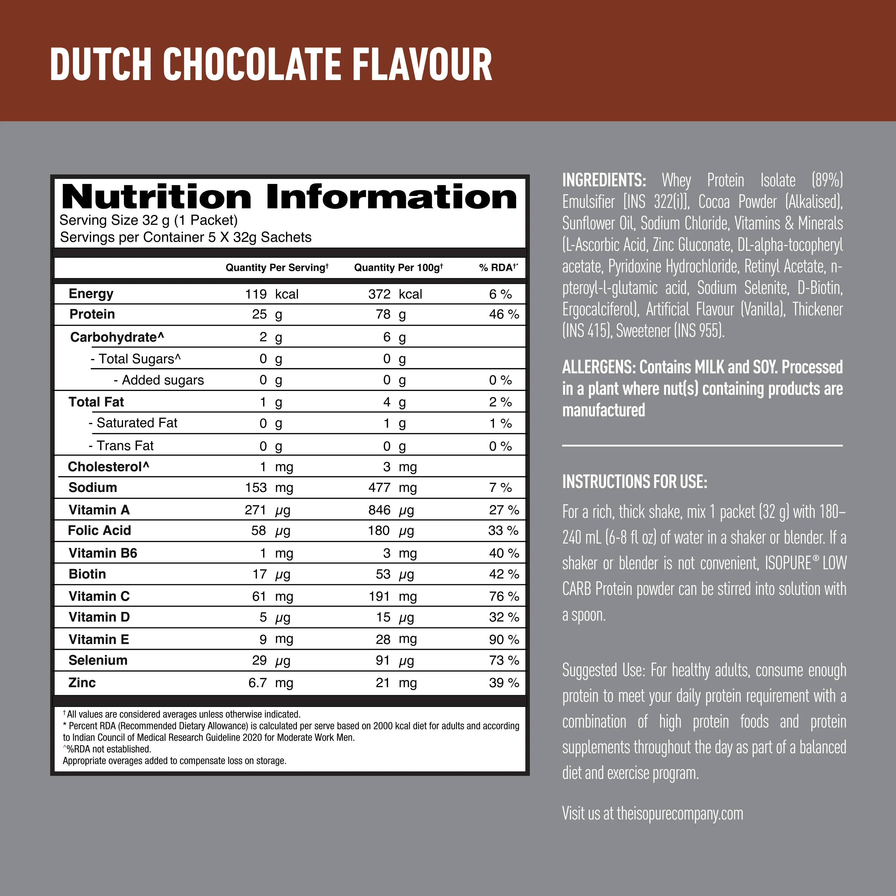 Isopure Low Carb Dutch Chocolate Whey Isolate Protein Powder- Pack of 5 single serve sachets - Image 6