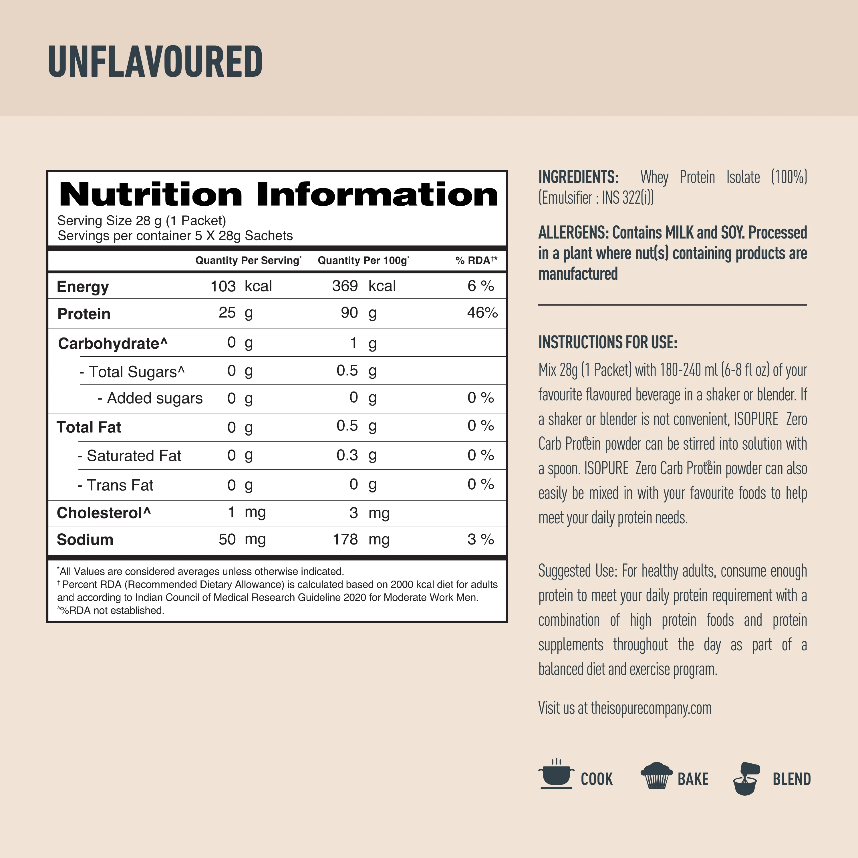 Isopure Zero Carb Unflavored Whey Isolate Protein Powder- Pack of 5 single serve sachets - Image 6