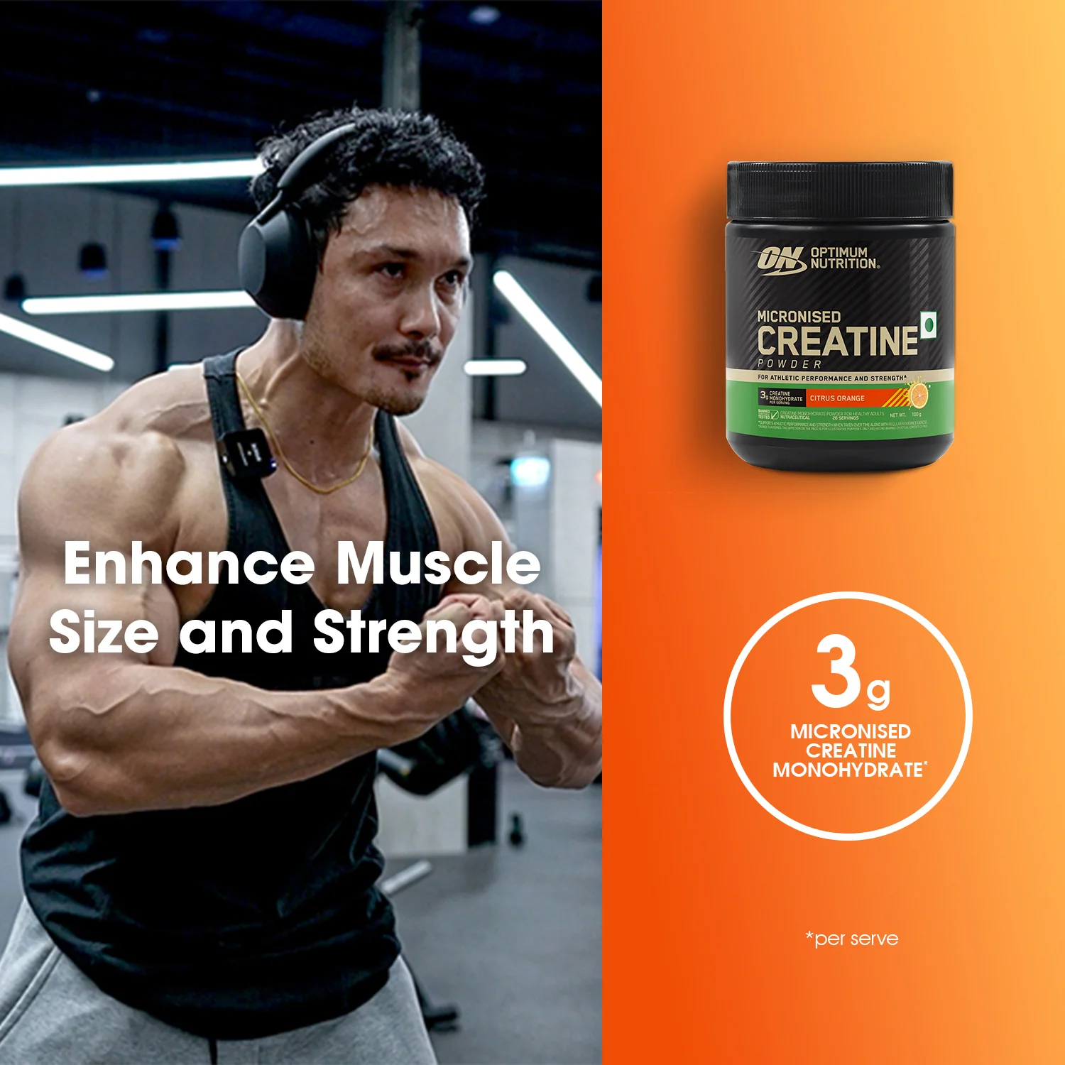 Optimum Nutrition (ON) Micronized Creatine Powder | Citrus Orange | 100 g + Micronized Creatine Powder | Unflavoured| 100 g - Image 4