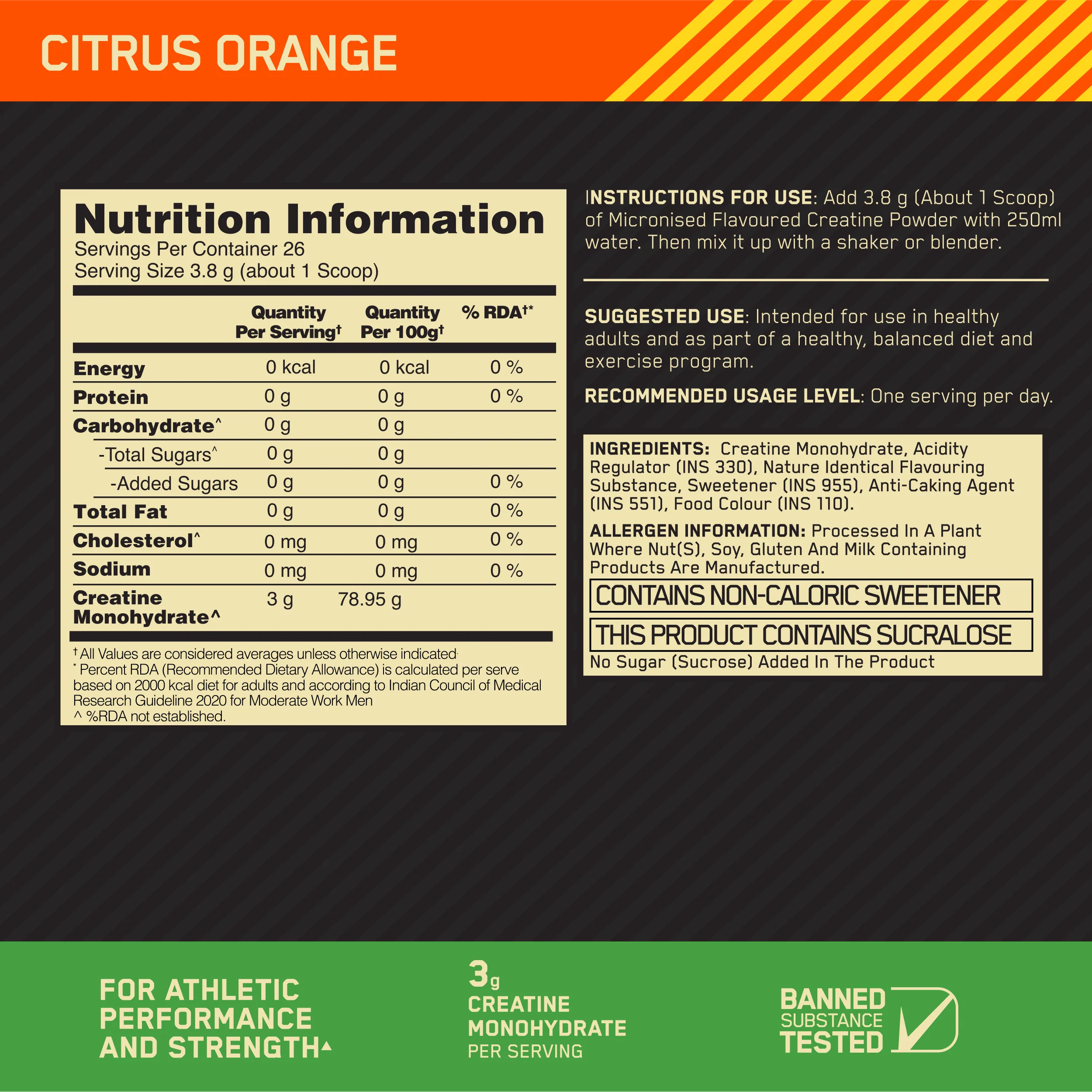 Optimum Nutrition (ON) Micronized Creatine Powder | Citrus Orange | 100 g + Micronized Creatine Powder | Unflavoured| 100 g - Image 8