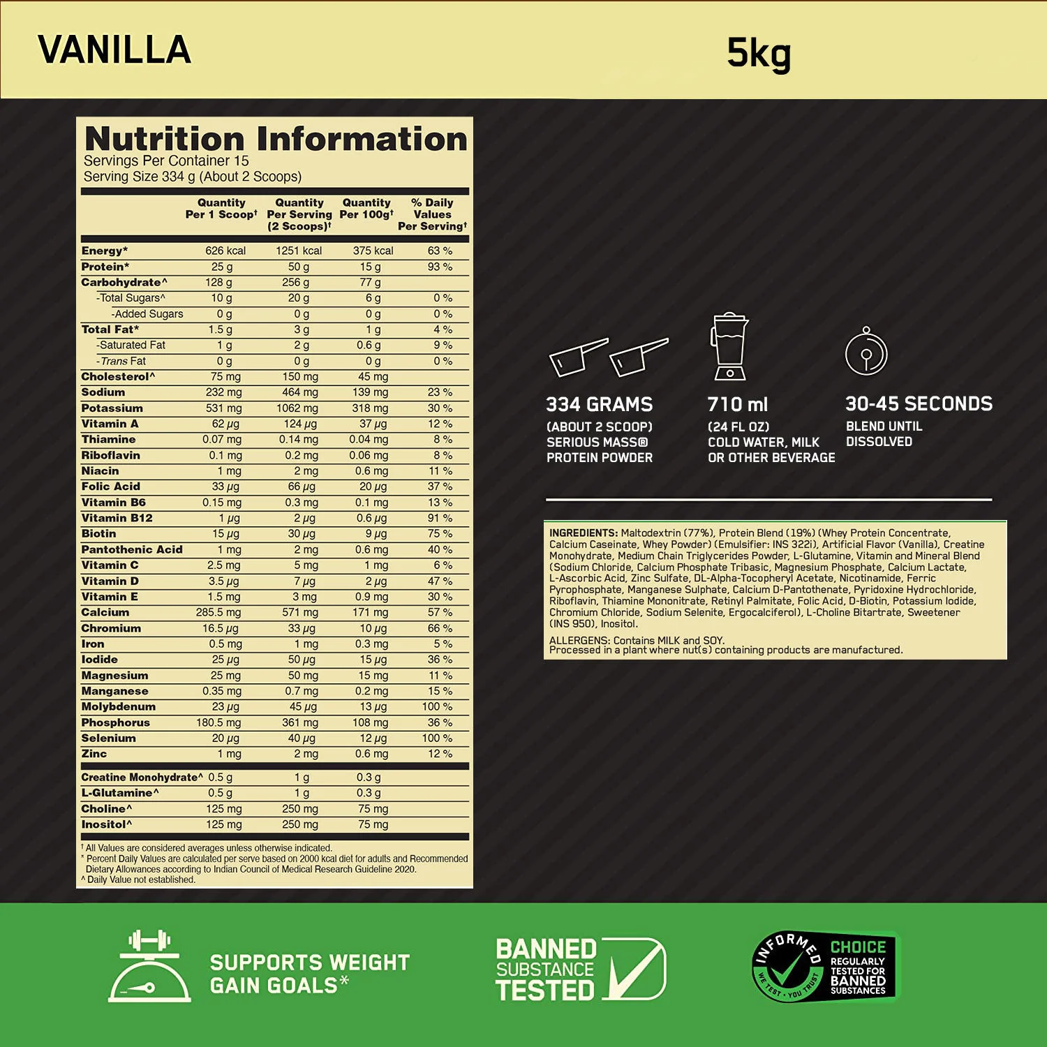 Serious Mass Weight Gainer - Vanilla flavour - 5KG - Image 7