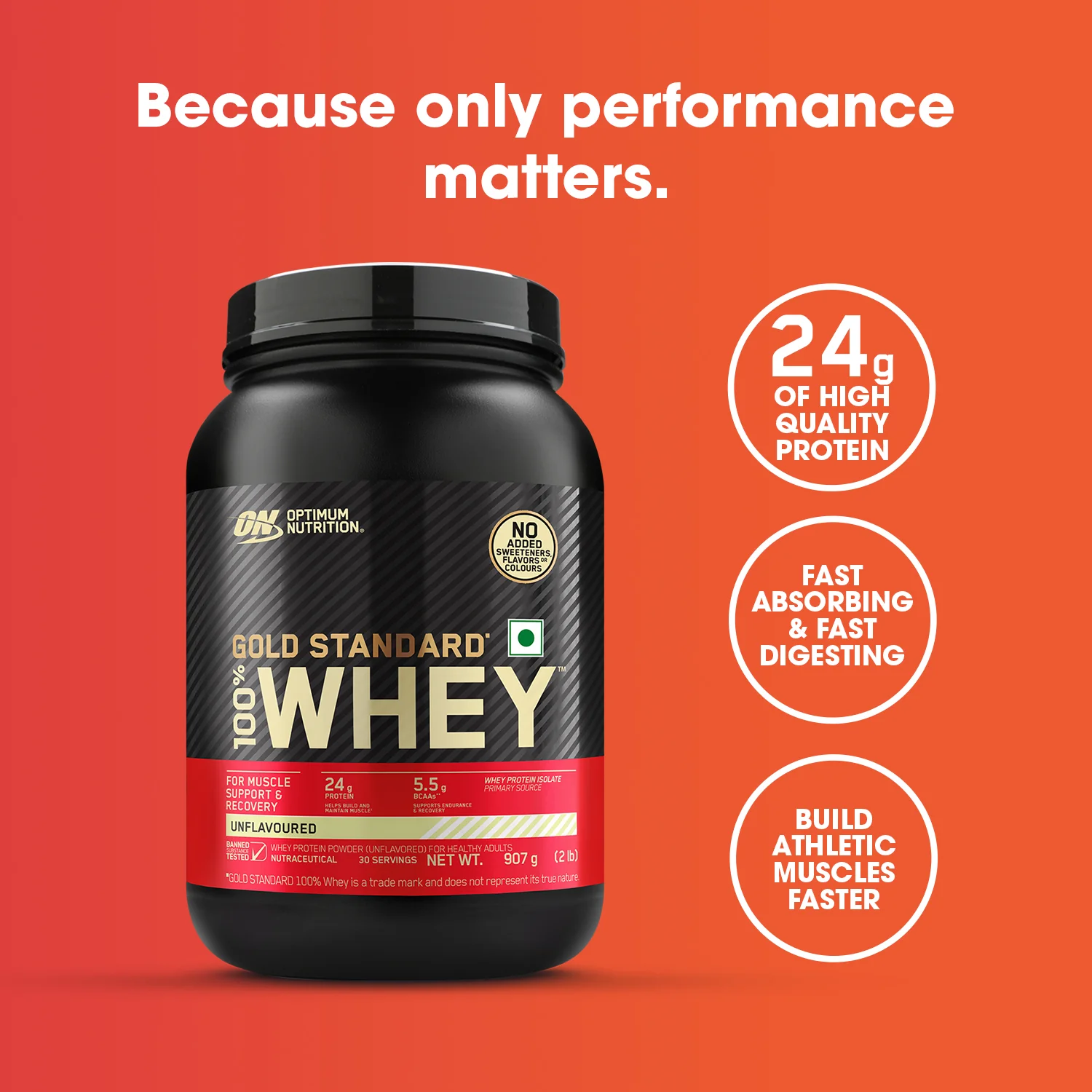 Unflavoured Optimum Nutrition (ON) Gold Standard 100% Whey Protein Powder - 2 lb, 907 g - Image 4