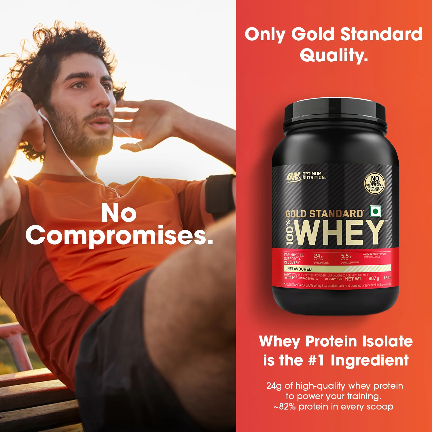 Unflavoured Optimum Nutrition (ON) Gold Standard 100% Whey Protein Powder - 2 lb, 907 g - Image 5