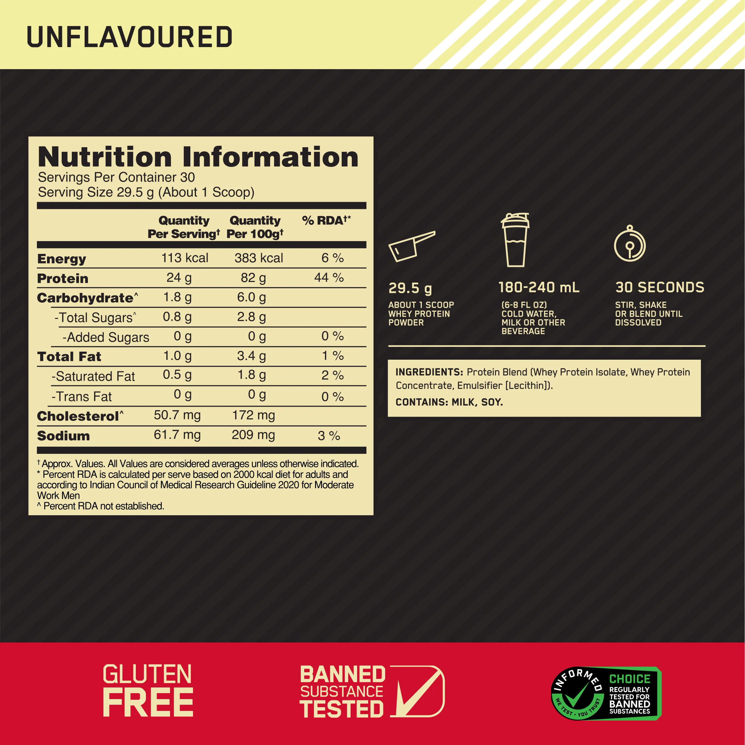 Unflavoured Optimum Nutrition (ON) Gold Standard 100% Whey Protein Powder - 2 lb, 907 g - Image 9